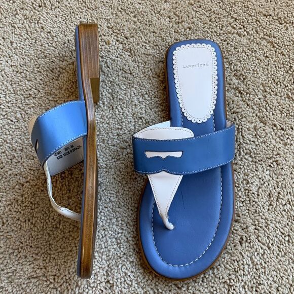 Lands’ End Blue nautical loafer slides leather sandals costal flip flop size 8.5 - Picture 2 of 7